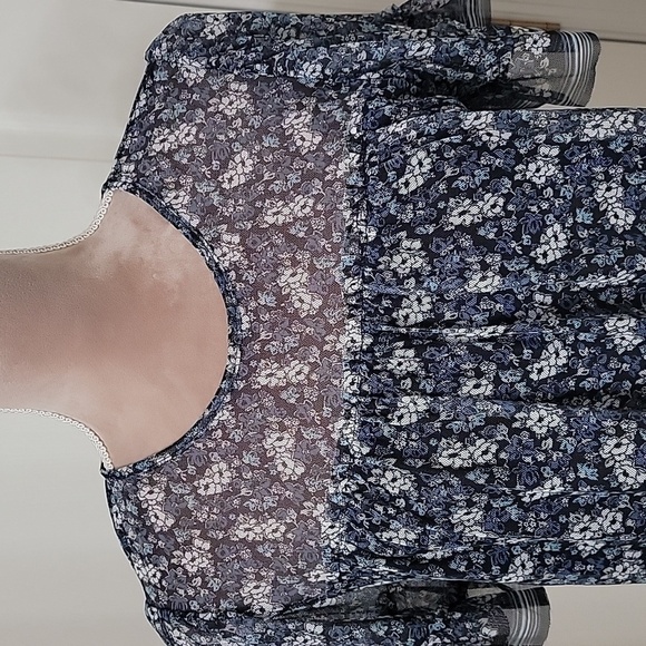 Max Studio Size S, Black with Blue Floral Pattern Mesh, Lined Babydoll Style Top - Picture 2 of 11